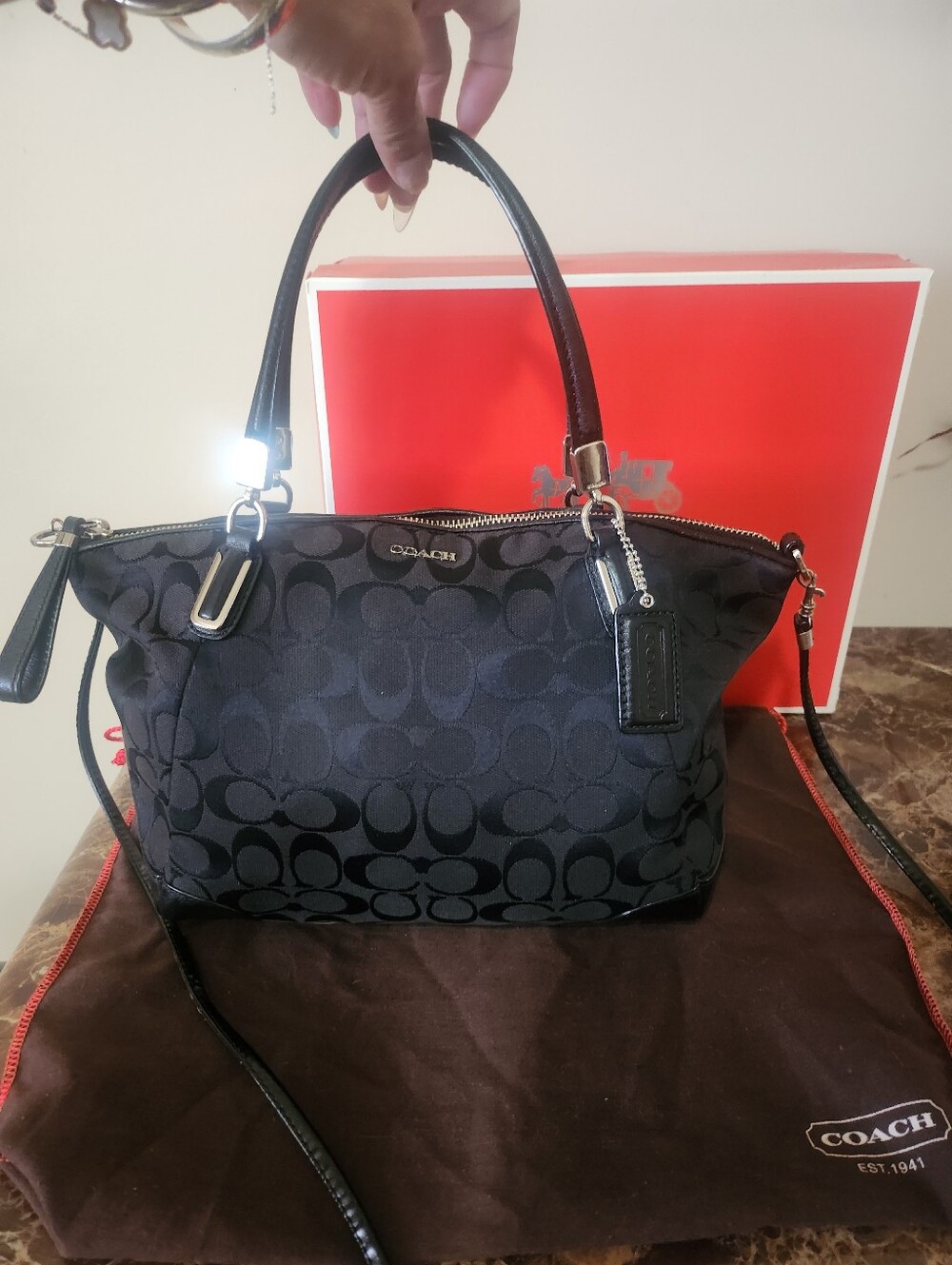 Coach Black Signature Jacquard 2way Shoulder Bag with Removable Strap EUC